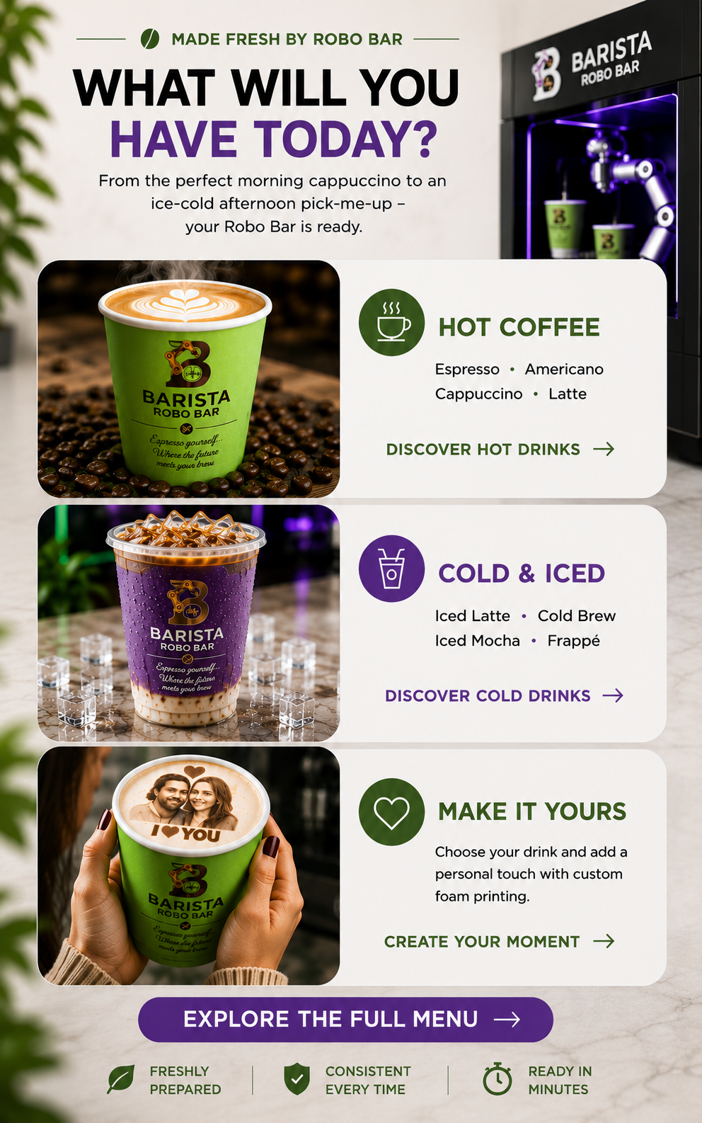 Hot drinks, cold drinks and personalized coffee from Barista Robo Bar